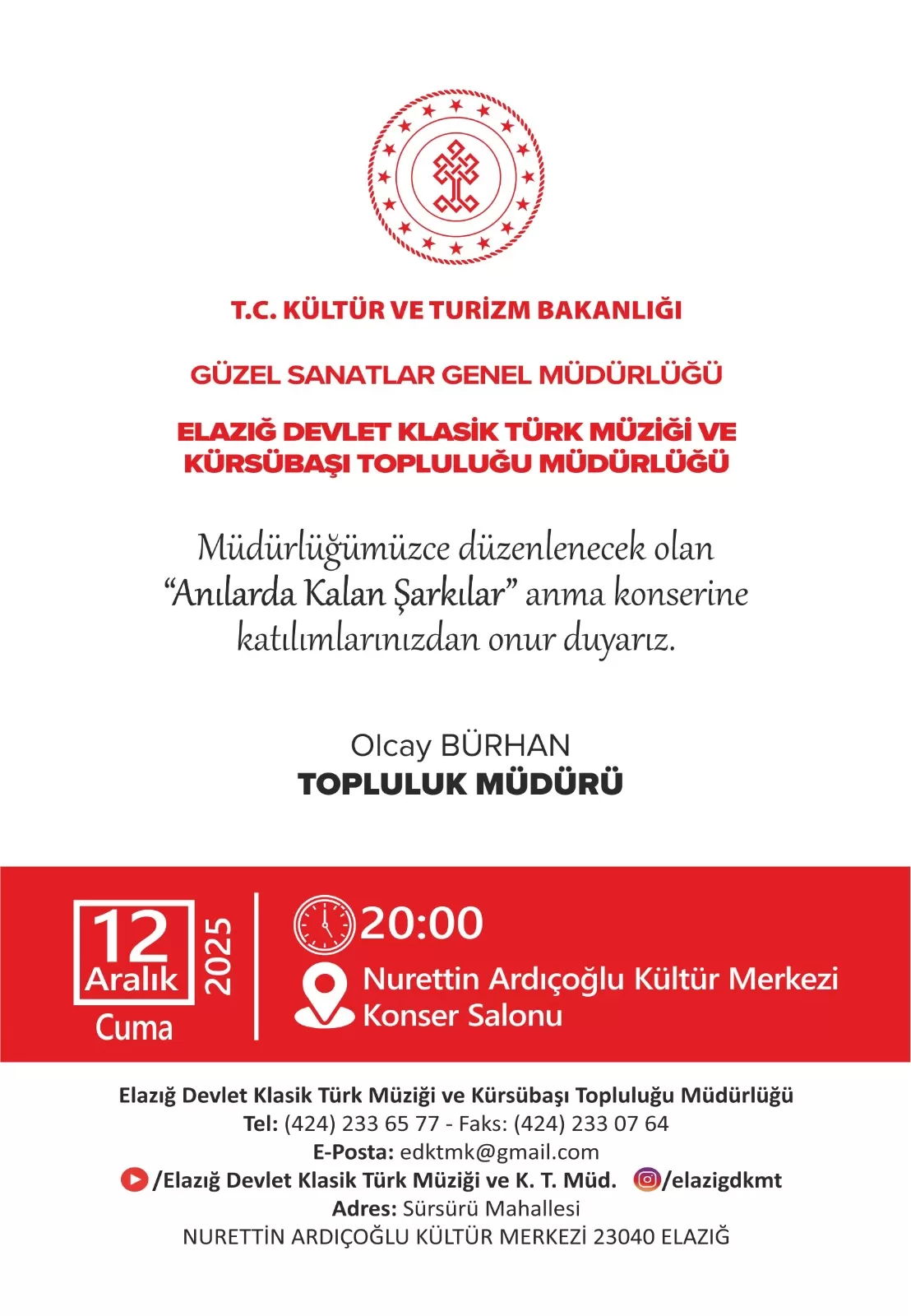 ANILARDA KALAN ŞARKILAR KONSERİ 12 ARALIK'TA DÜZENLENECEK